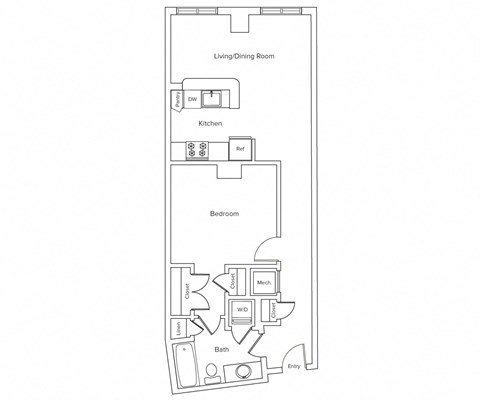 Floor plan for 1 bed, 1 bath, 662 sqft